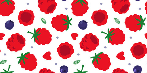 Seamless pattern with raspberries, blueberries. Simple abstract summer delicious print. Vector graphics.
