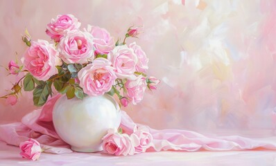 pink roses in vase, flowers in white vase with pink background