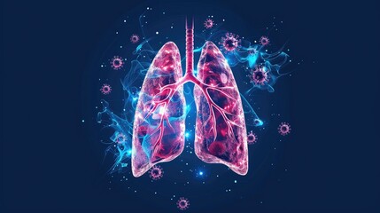 Human lungs with a viral infection illustration on a dark background.