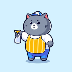 Cute Cat Holding Cleaning spray Cartoon Vector Macot Illustration. Flat Cartoon Style Animal Occupation Icon Concept Vector.