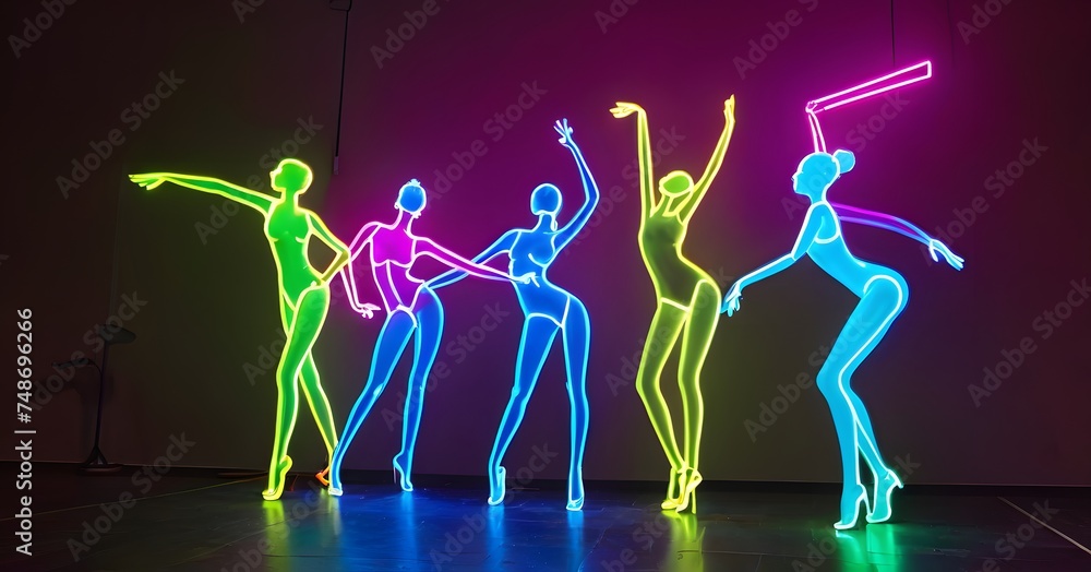 Poster the image showcases a striking lineup of neon-lit mannequins in various dance poses, creating an ill