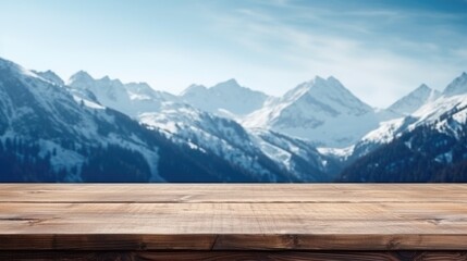 Wooden table top against the background of mountains