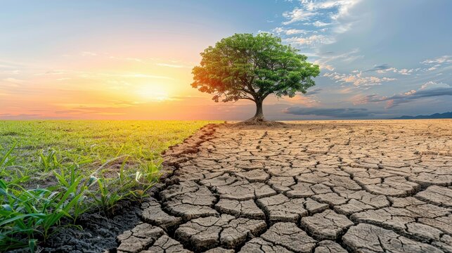 Solitary tree on the border of a grassy and barren land.