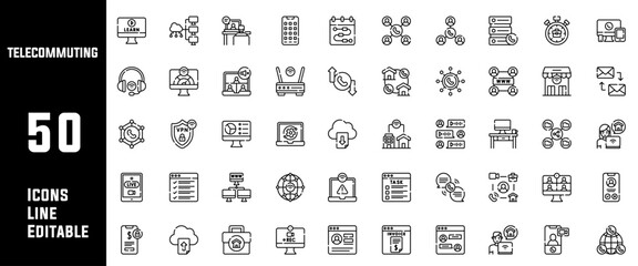 50 Telecommuting Icon Set Line Editable Vector Illustration