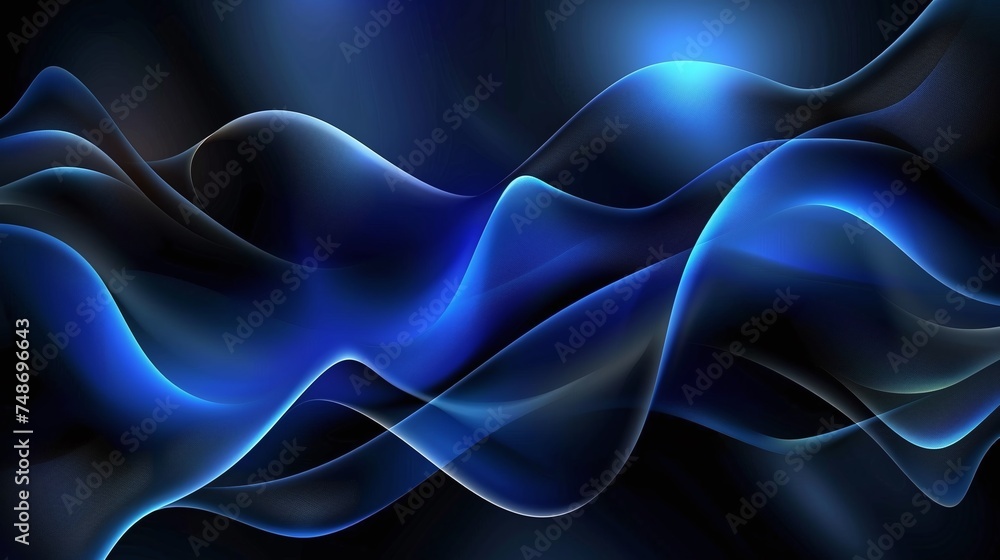 Poster dark blue gradient background with wavy curved lines and shimmer effect, abstract design