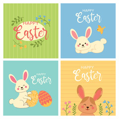 Cute Easter square cards or posters collection. Spring set of easter funny bunny. Vector illustration with rabbit for scrapbooking and stickers. 