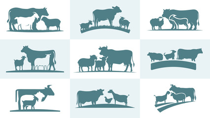 Collection set illustrations of farm animals with grass silhouettes vector logo