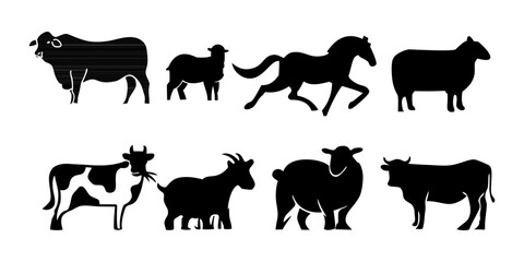 Vector set collection of black silhouette farm animals illustrations