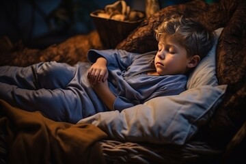 Child addicted to phone, tired, browsing social media in bed at night, struggling with insomnia - obrazy, fototapety, plakaty