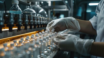 healthcare hygiene in pharmaceutical manufacturing: hand with sanitary gloves checking medical vials on production line at factory, machine ensuring quality control on glass bottles - obrazy, fototapety, plakaty