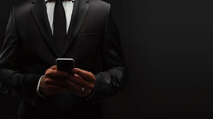 corporate executive in suit holding phone icon on isolated background, professional businessman concept in formal portrait with digital communication device