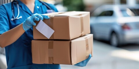 Closeup of doctor holding cardboard boxes delivery medical or medicine to patient, prescription delivery 