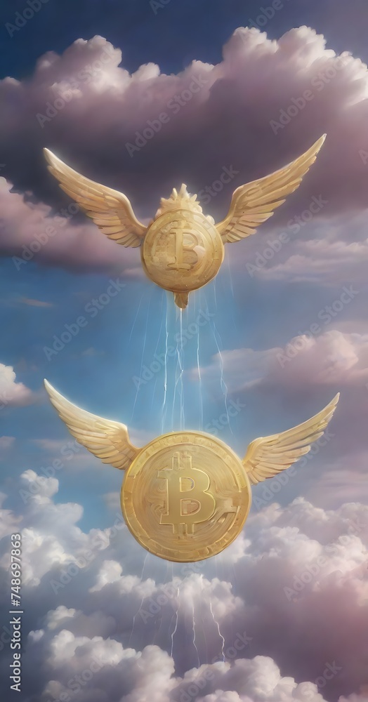 Poster a winged bitcoin soars through a dramatic celestial storm, with rays of light and electricity adding
