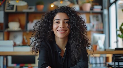 middle eastern businesswoman with curly hair smiling brightly, celebrating success at corporate desk in creative office - Powered by Adobe