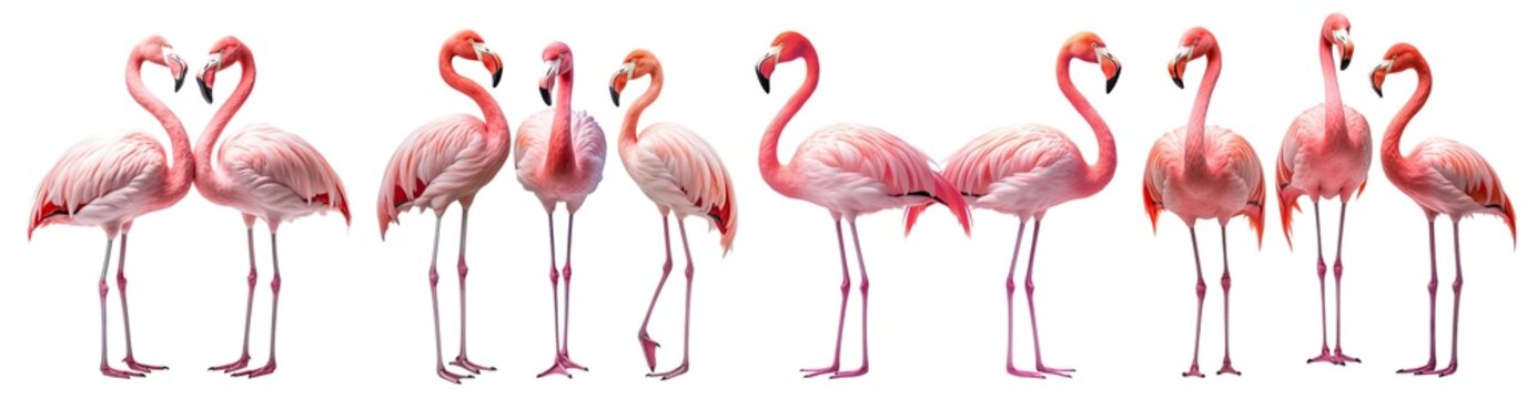 Set of gracefully standing elegant pink flamingos, cut out