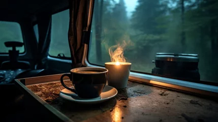 Tuinposter A steaming Cup of Hot coffee, Tea in a Van in the Woods. Horizontal Banner with Copy Space, Nature, Travel, Lifestyle, Summer. © liliyabatyrova