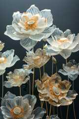 A large arrangement of lotus flowers are on a dark background.