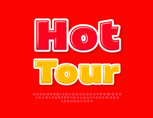 Vector marketing Banner Hot Tour. Bright Red Font. Modern Glossy Alphabet Letters and Numbers set.