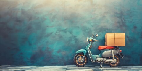 classic motorbike delivery with cardboard box on wall background copy space 
