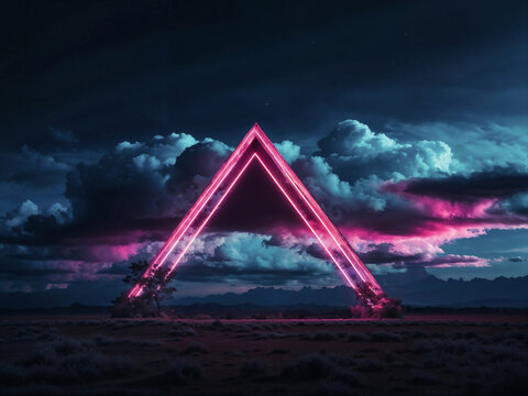 A neon triangle illuminating clouds above a desert landscape at twilight
