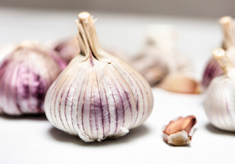 Fresh garlic on a white table