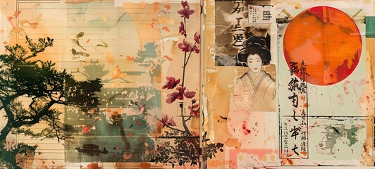 Japanese collage art. A composite of traditional elements, featuring a geisha, cherry blossoms, and koi fish, alongside calligraphy and a bold red sun, all set against a parchment-style background