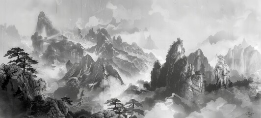 Chinese ink landscape painting. This panoramic artwork features intricate mountain ranges enveloped in mist, with pine trees and traditional architecture subtly integrated