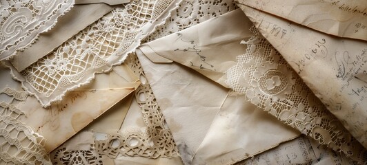 Vintage correspondence theme. A collection of aged paper with delicate lace overlays, featuring elegant handwritten script, reminiscent of old letters and timeless romantic communication. - obrazy, fototapety, plakaty