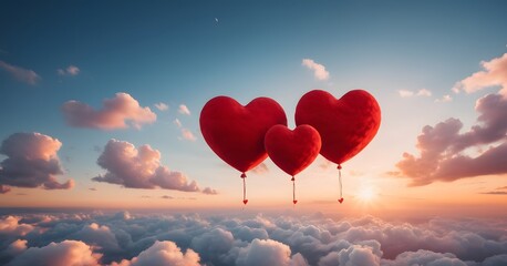Fototapeta premium In an imaginative sky, a Cupid perches atop heart-shaped balloons, arrow poised, against a cloud that forms a love symbol, creating a whimsical scene of romance. AI generation