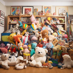 Fototapeta na wymiar pile of children's artwork, stuffed animals, sculptures, schoolwork in a bright room 