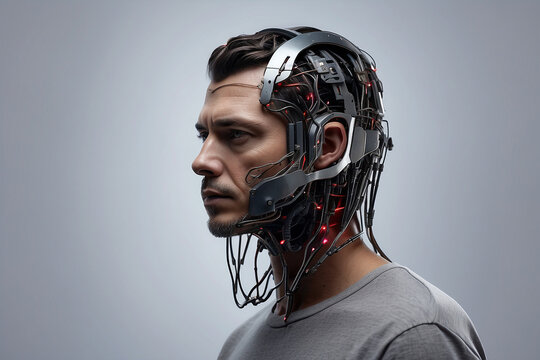 Photo of a cyborg man wearing a neural interface headset, an early form of cyborgs