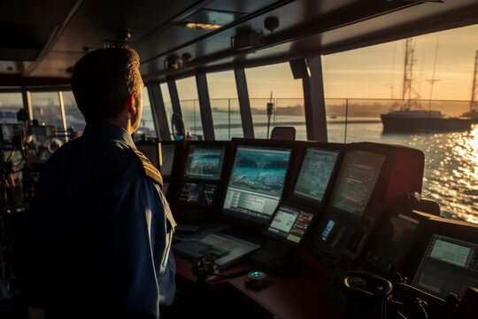 Navigation officer in control of cargo operations on commercial shipping vessel during watch