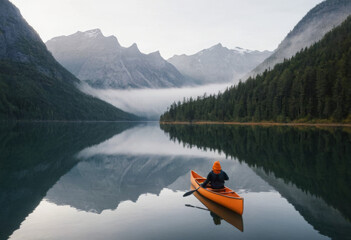 A solitary figure in a canoe paddles across the calm, mirror-like waters of a misty lake, flanked by dense forests and majestic mountain ranges that are perfectly reflected on the water's surface.