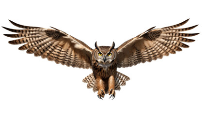 Majestic Flight of the Wise Owl on white background