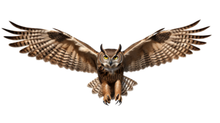 Majestic Flight of the Wise Owl on white background