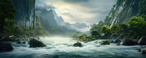 Fotobehang Wild river flowing through the amazing  valley, beautiful landscape © Filip