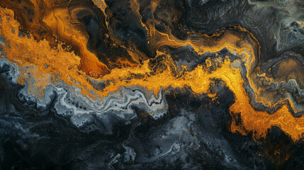 Naklejka premium Mmersive abstract movement experience visual, brilliant molten gold and matt black lava flow.