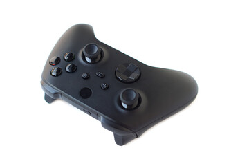 Wireless  gaming controller or remote control joystick, isolated on white background. Concept, technology device for entertainment about online remote video games to computer screen.                  