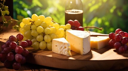 Composition of sliced cheeses and grapes on a wooden background