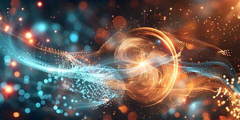 The conservation laws of energy and momentum in particle interactionsAn artistic computer-generated image of a black hole at the center of a galaxy, showcasing a stunning landscape in electric blue , 