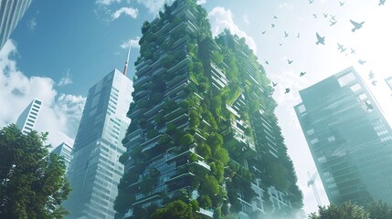 net zero emissions eco building with vertical garden in modern city promoting sustainable urban development - obrazy, fototapety, plakaty