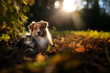 adorable dog and cat lying together on the green grass in the park on an autumn afternoon