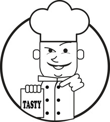 Illustration of a male chef holding a tray of food and pointing to it