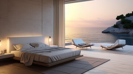 Modern bedroom with a view of a magnificent seaside ocean cove.