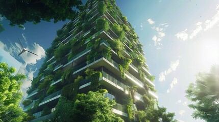 futuristic net zero emissions building in urban environment with sustainable green architecture and vertical garden design - obrazy, fototapety, plakaty