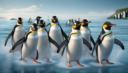 Fototapeta premium A group of comical penguins engaging in a synchronized swimming competition