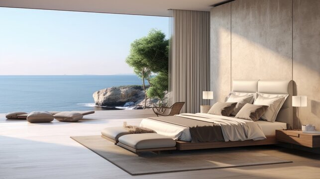 Modern bedroom with a view of a magnificent seaside ocean cove.