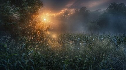 picturesque sunrise over illinois cornfield in july with dewy leaves and soft sun flare casting a serene ambiance - obrazy, fototapety, plakaty