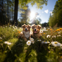 adorable little dogs lying together on the green grass in the park on a spring afternoon
