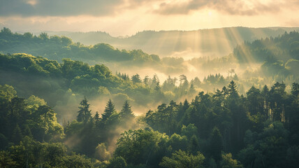 A breathtaking panorama captures the beauty of a forest at sunrise, where the warm light bathes the landscape, creating a serene and enchanting scene in nature - obrazy, fototapety, plakaty